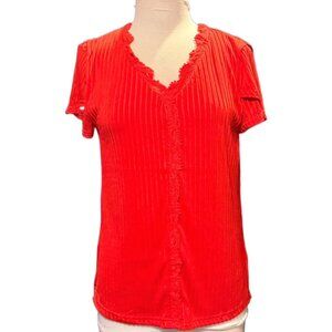 Just Fashion Now NEW Red Blouse Top Ribbed Short Sleeeve Button Down Vneck Small